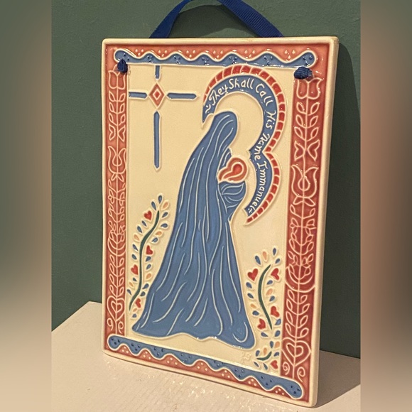 Vtg J Duban Designs Hanging Ceramic Tile Mary and Baby Jesus Nativity “Immanuel” - Picture 4 of 7